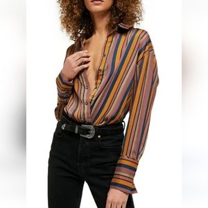 Free People All Smiles Snap Front Striped Shirt Size M